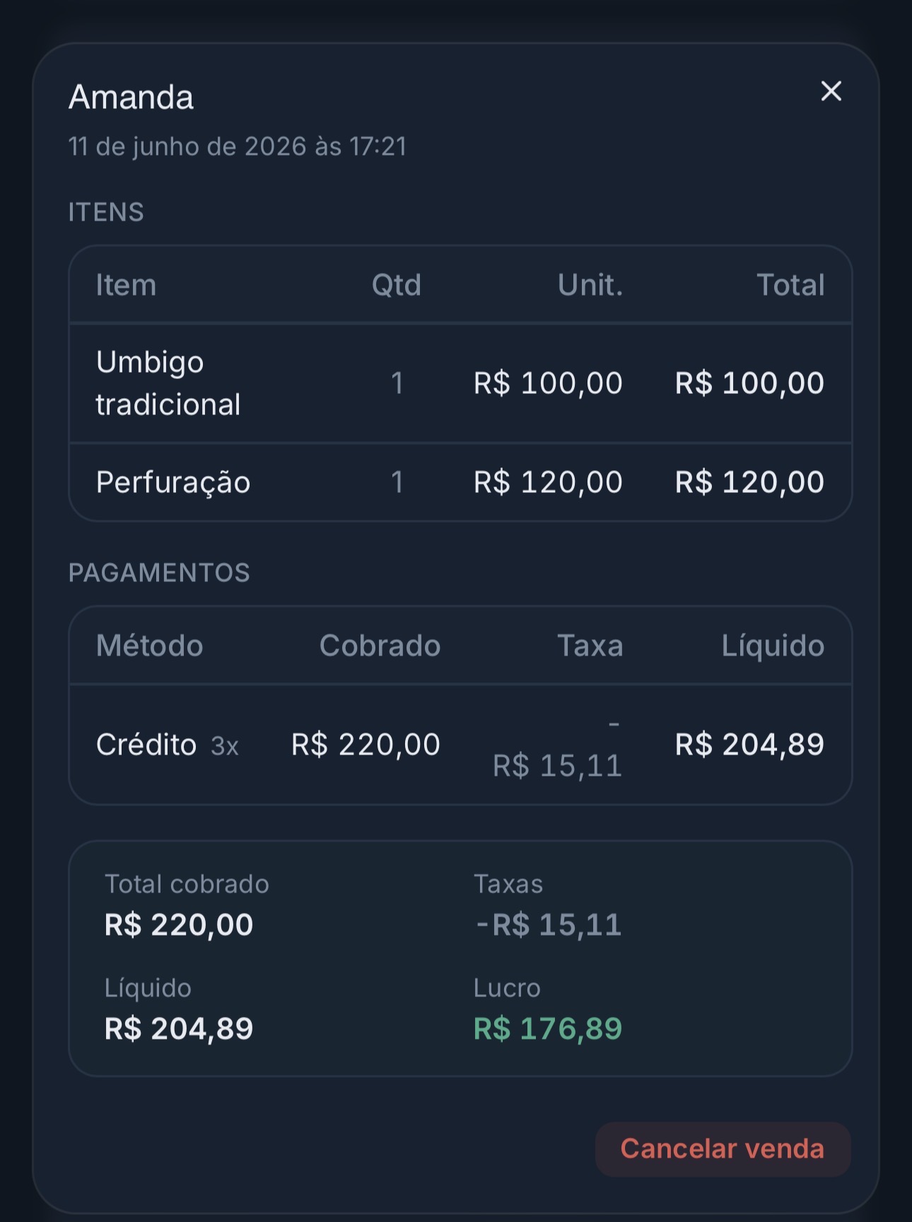 Detalhe do cliente com histórico de compras no Flusso